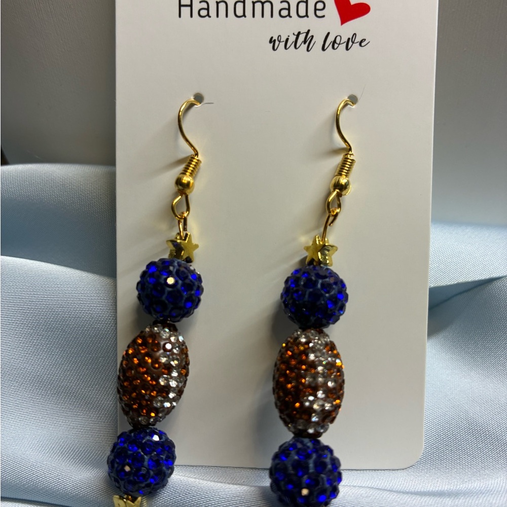 Handmade Blue and Football Beaded Earrings
